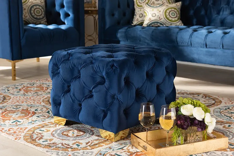 Matthew Royal Blue Velvet Fabric Upholstered Gold Finished Button Tufted Ottoman iHome Studio