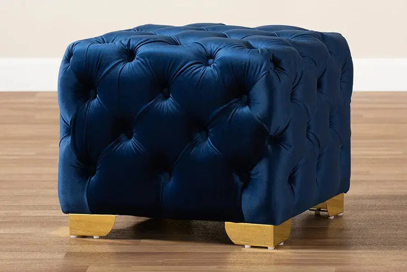 Matthew Royal Blue Velvet Fabric Upholstered Gold Finished Button Tufted Ottoman iHome Studio