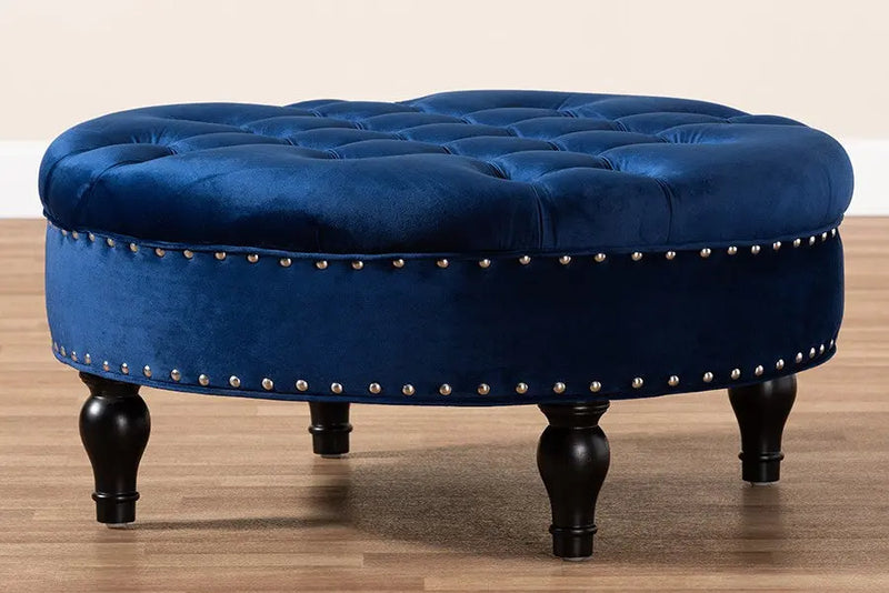 Maverick Transitional Blue Velvet Fabric Upholstered Button Tufted Cocktail Ottoman iHome Studio