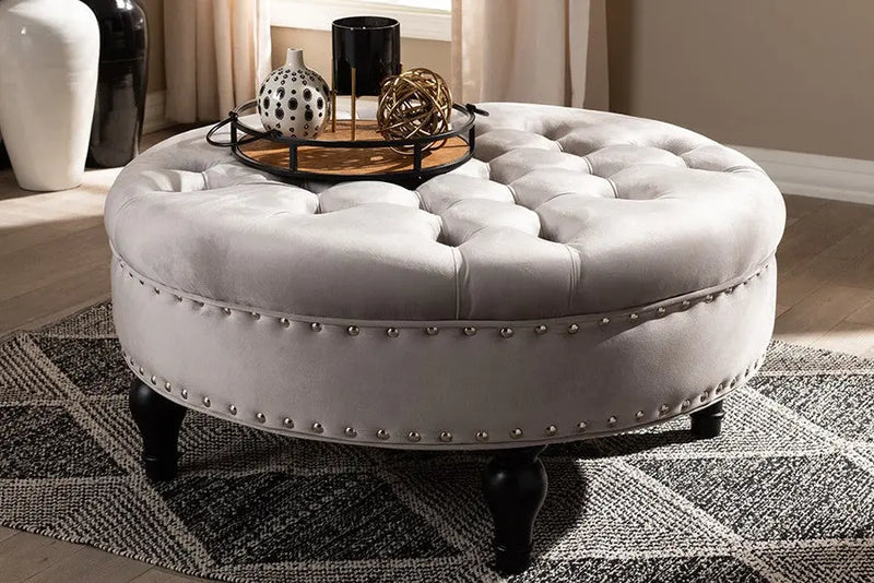 Maverick Transitional Grey Velvet Fabric Upholstered Button Tufted Cocktail Ottoman iHome Studio