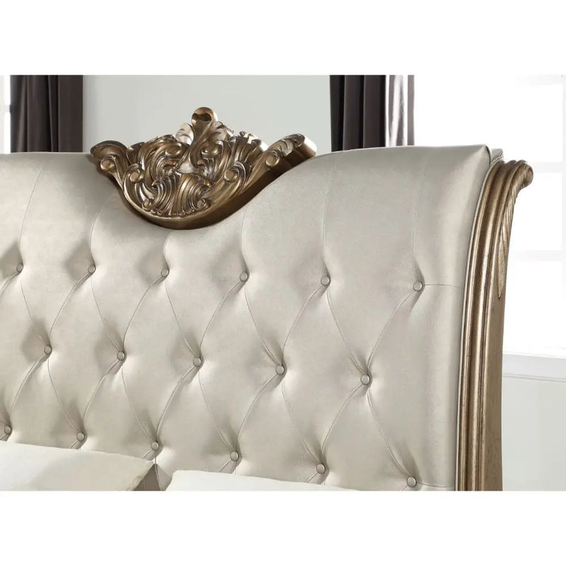 Maxwell California King Bed Button Tufted Headboard, Champagne Faux Leather & Antique Gold iHome Studio