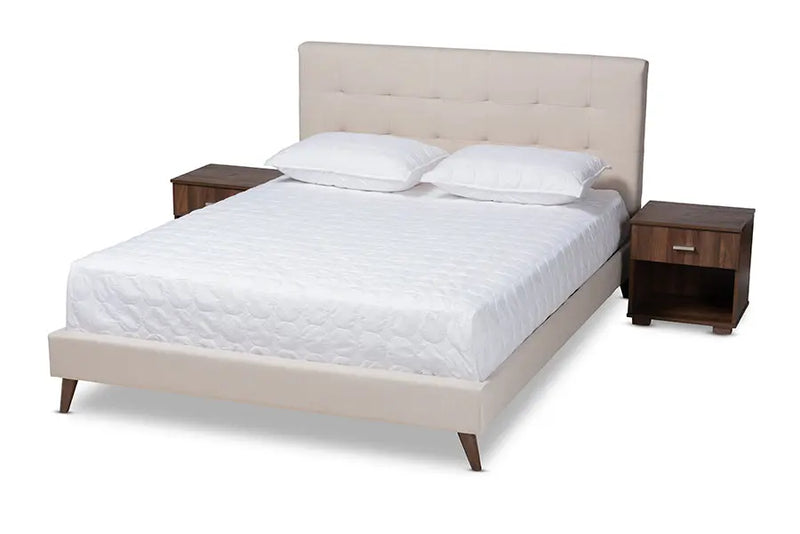 Melanie Beige Fabric Upholstered Platform Bed w/Two Nightstands (Queen) iHome Studio