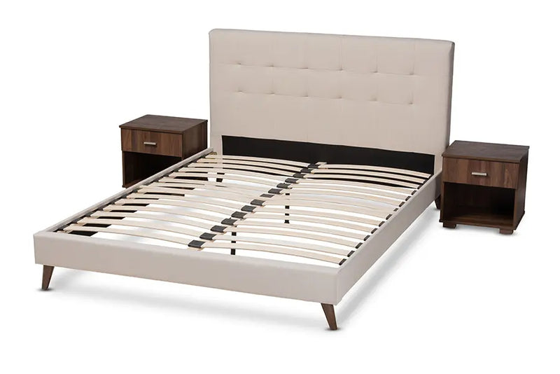 Melanie Beige Fabric Upholstered Platform Bed w/Two Nightstands (Queen) iHome Studio