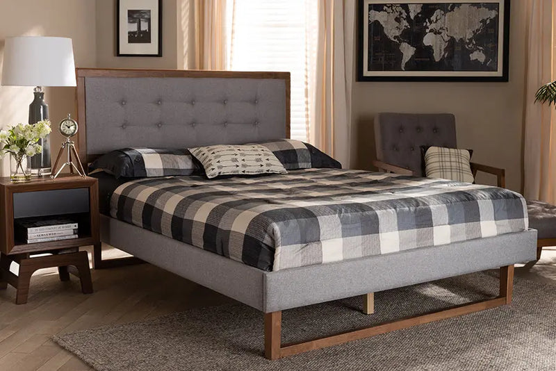 Melanie Light Gray Fabric Ash Walnut Brown Wood Platform Bed (Full) iHome Studio