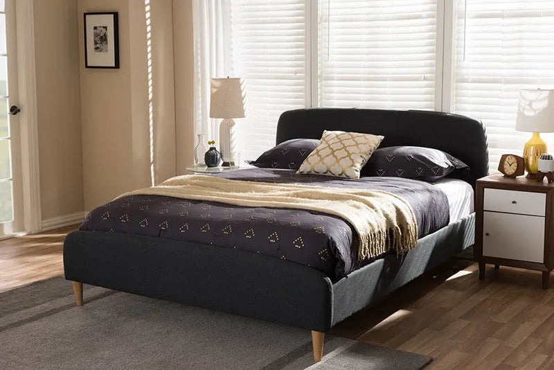 Mia Charcoal Grey Fabric Upholstered Platform Bed w/Solid Rubberwood Legs (Full) iHome Studio