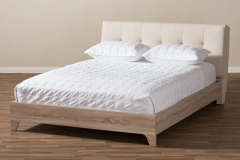 Mia Light Beige Fabric Upholstered Platform Bed w/Solid Rubberwood Legs (Full) iHome Studio