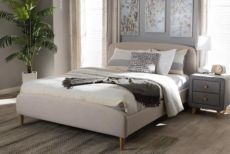 Mia Light Beige Fabric Upholstered Platform Bed w/Solid Rubberwood Legs (King) iHome Studio