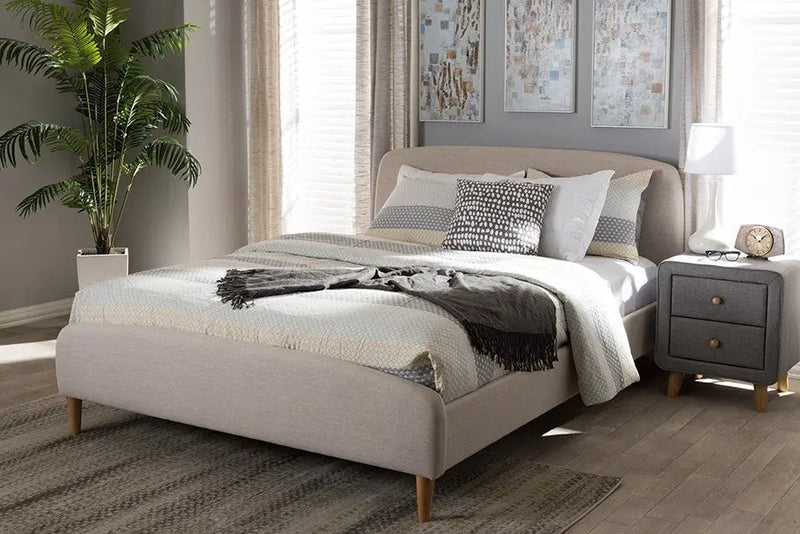 Mia Light Beige Fabric Upholstered Platform Bed w/Solid Rubberwood Legs (Queen) iHome Studio