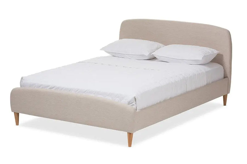 Mia Light Beige Fabric Upholstered Platform Bed w/Solid Rubberwood Legs (Queen) iHome Studio
