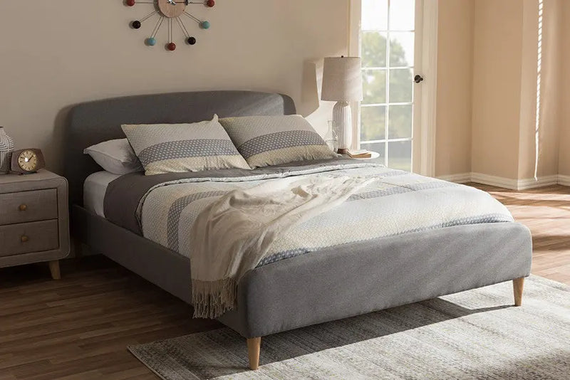 Mia Light Grey Fabric Upholstered Platform Bed w/Solid Rubberwood Legs (Full) iHome Studio