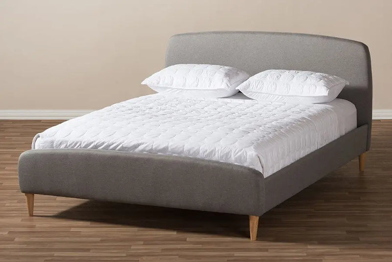 Mia Light Grey Fabric Upholstered Platform Bed w/Solid Rubberwood Legs (Full) iHome Studio