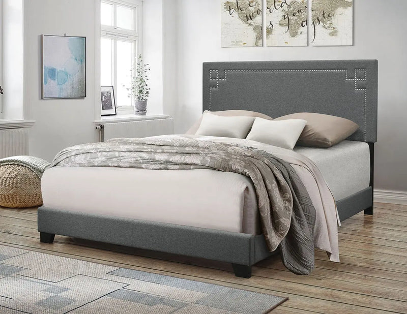 Miley Queen Bed, Gray Fabric w/Nailhead Trim Headboard iHome Studio