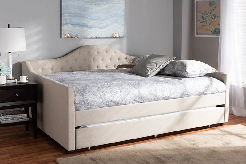 Mira Light Beige Fabric Upholstered Queen Size Daybed w/Trundle iHome Studio