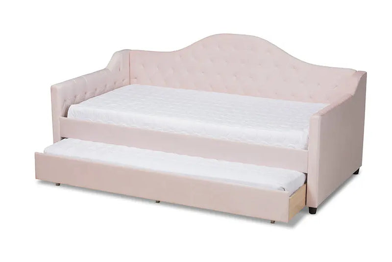 Mira Light Pink Velvet Fabric Upholstered and Button Tufted Twin Size Daybed w/Trundle iHome Studio
