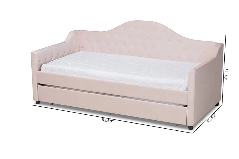 Mira Light Pink Velvet Fabric Upholstered and Button Tufted Twin Size Daybed w/Trundle iHome Studio