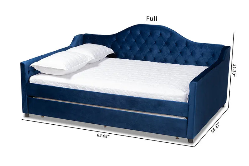 Mira Royal Blue Velvet Fabric Upholstered and Button Tufted Full Size Daybed w/Trundle iHome Studio