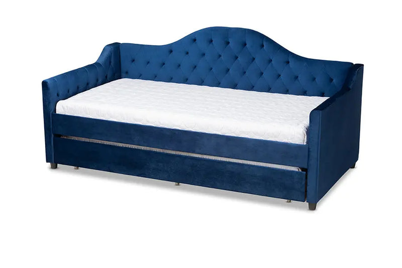 Mira Royal Blue Velvet Fabric Upholstered and Button Tufted Twin Size Daybed w/Trundle iHome Studio