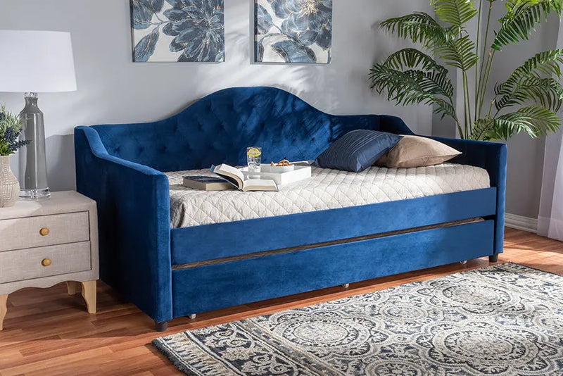 Mira Royal Blue Velvet Fabric Upholstered and Button Tufted Twin Size Daybed w/Trundle iHome Studio