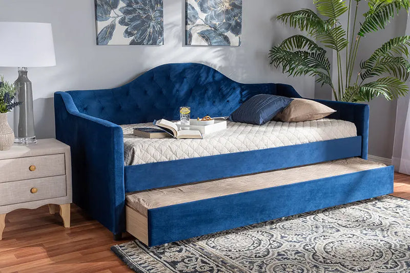 Mira Royal Blue Velvet Fabric Upholstered and Button Tufted Twin Size Daybed w/Trundle iHome Studio