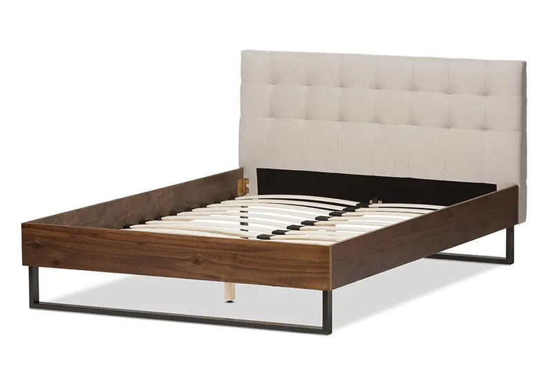 Mitchell Walnut Wood Beige Fabric Dark Bronze Metal Platform Bed (Full) iHome Studio