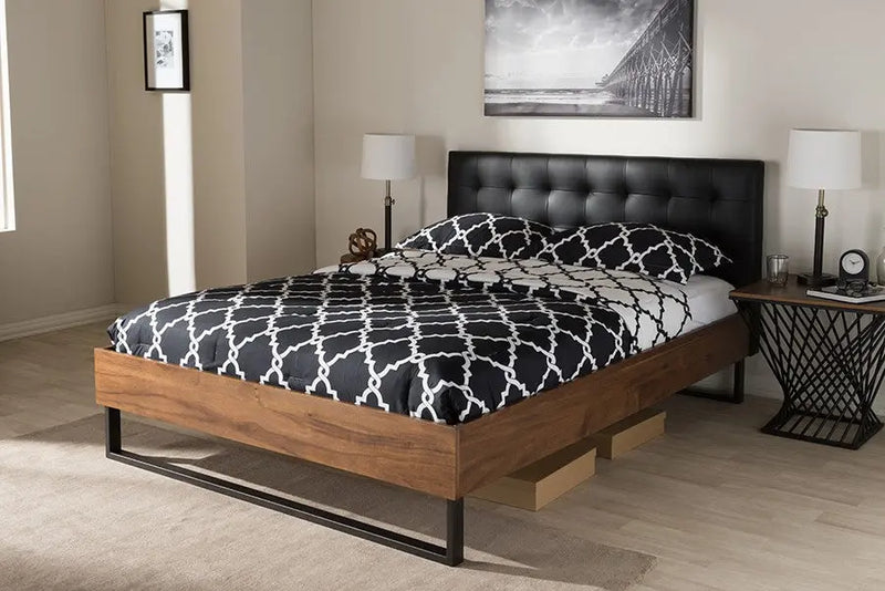 Mitchell Walnut Wood Black Faux Leather Dark Bronze Metal Platform Bed (Full) iHome Studio