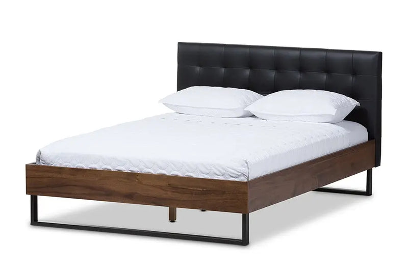 Mitchell Walnut Wood Black Faux Leather Dark Bronze Metal Platform Bed (Full) iHome Studio