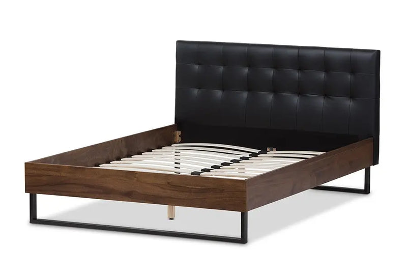 Mitchell Walnut Wood Black Faux Leather Dark Bronze Metal Platform Bed (Full) iHome Studio