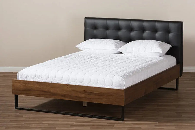 Mitchell Walnut Wood Black Faux Leather Dark Bronze Metal Platform Bed (Full) iHome Studio