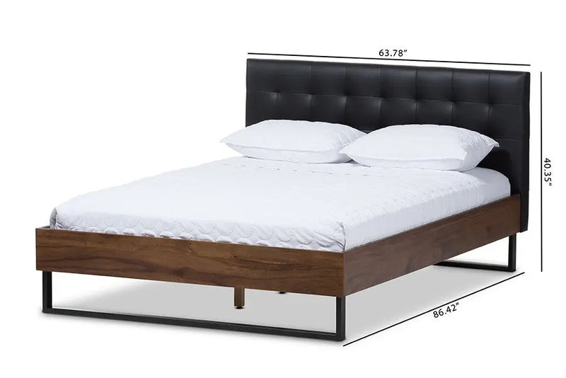 Mitchell Walnut Wood Black Faux Leather Dark Bronze Metal Platform Bed (Full) iHome Studio