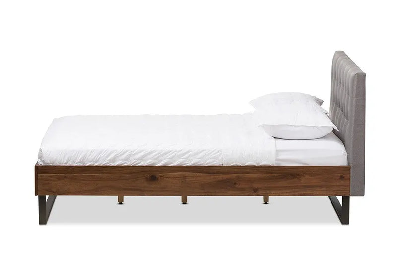 Mitchell Walnut Wood Grey Fabric Dark Bronze Metal Platform Bed (Full) iHome Studio