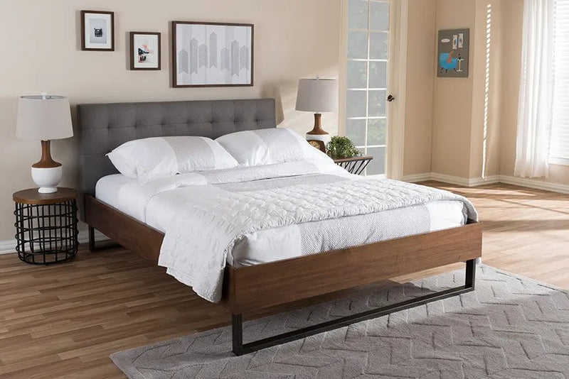 Mitchell Walnut Wood Grey Fabric Dark Bronze Metal Platform Bed (King) iHome Studio