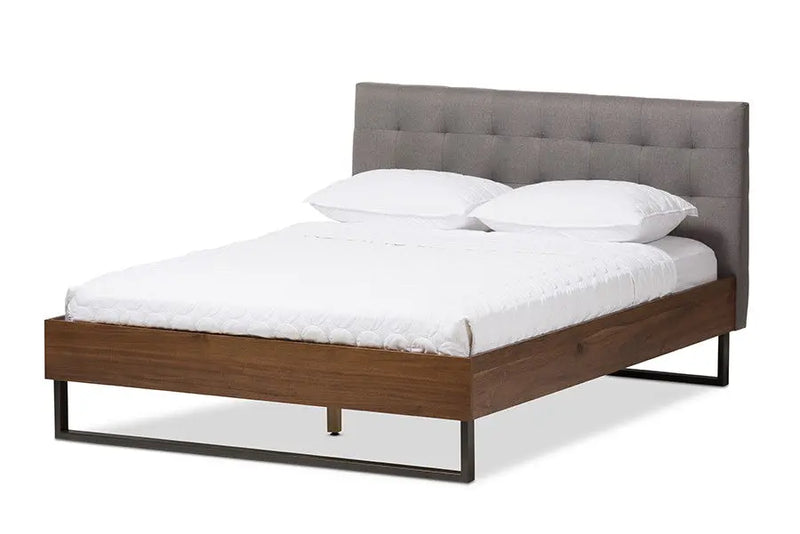 Mitchell Walnut Wood Grey Fabric Dark Bronze Metal Platform Bed (King) iHome Studio