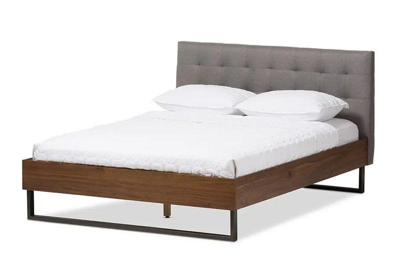 Mitchell Walnut Wood Grey Fabric Dark Bronze Metal Platform Bed (Queen) iHome Studio