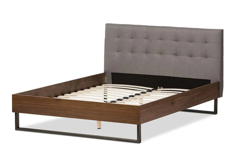 Mitchell Walnut Wood Grey Fabric Dark Bronze Metal Platform Bed (Queen) iHome Studio