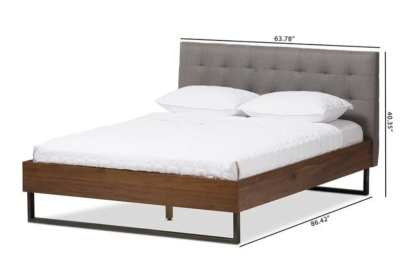 Mitchell Walnut Wood Grey Fabric Dark Bronze Metal Platform Bed (Queen) iHome Studio