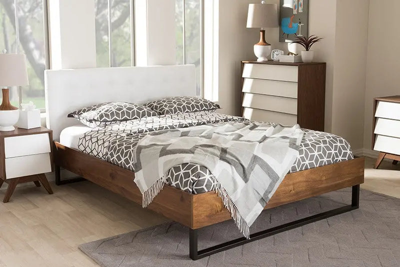 Mitchell Walnut Wood White Faux Leather Dark Bronze Metal Platform Bed (Full) iHome Studio