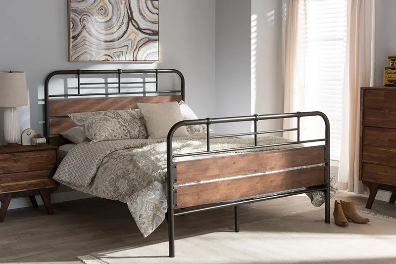 Monoco Black Finished Metal Brown Wood Platform Bed (Queen) iHome Studio