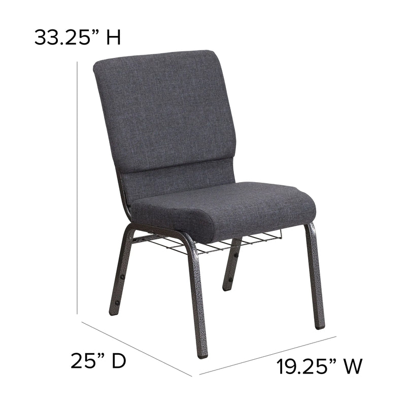 Murie 18.5''W Church Chair, Dark Gray Fabric w/Book Rack - Silver Vein Frame iHome Studio