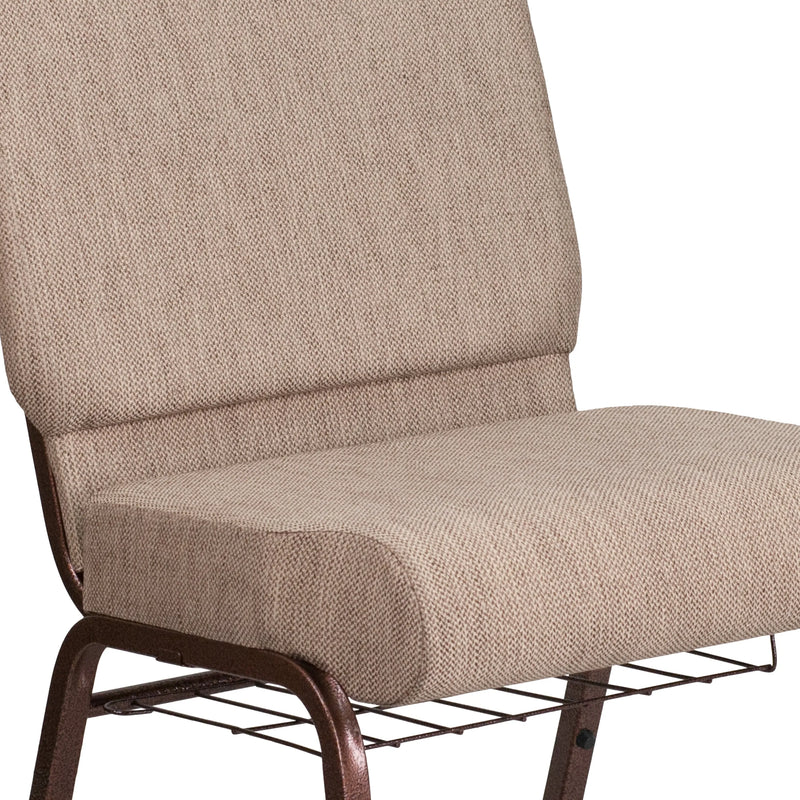 Murie 21''W Church Chair, Beige Fabric w/Book Rack - Copper Vein Frame iHome Studio