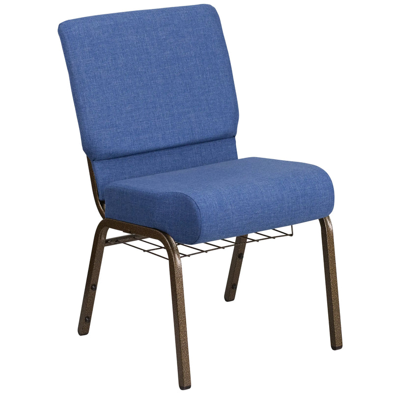 Murie 21''W Church Chair, Blue Fabric w/Book Rack - Gold Vein Frame iHome Studio