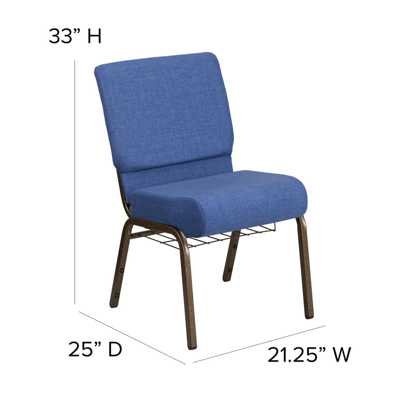 Murie 21''W Church Chair, Blue Fabric w/Book Rack - Gold Vein Frame iHome Studio