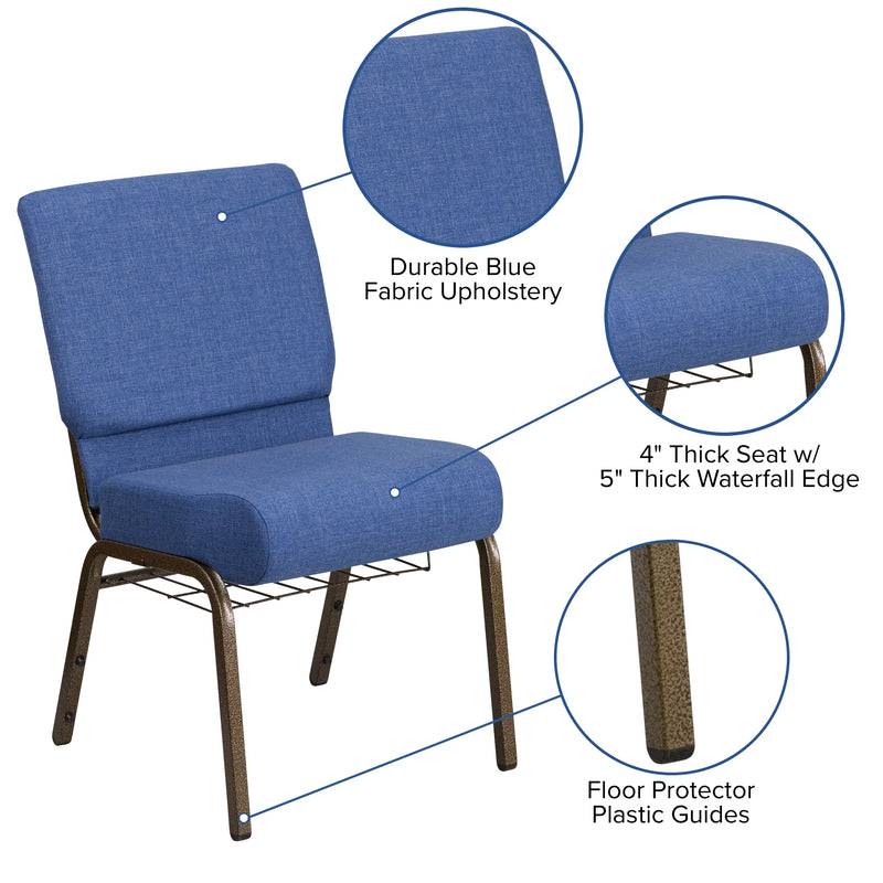 Murie 21''W Church Chair, Blue Fabric w/Book Rack - Gold Vein Frame iHome Studio