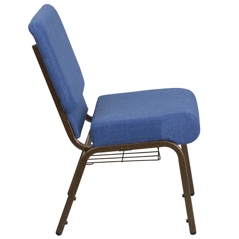 Murie 21''W Church Chair, Blue Fabric w/Book Rack - Gold Vein Frame iHome Studio