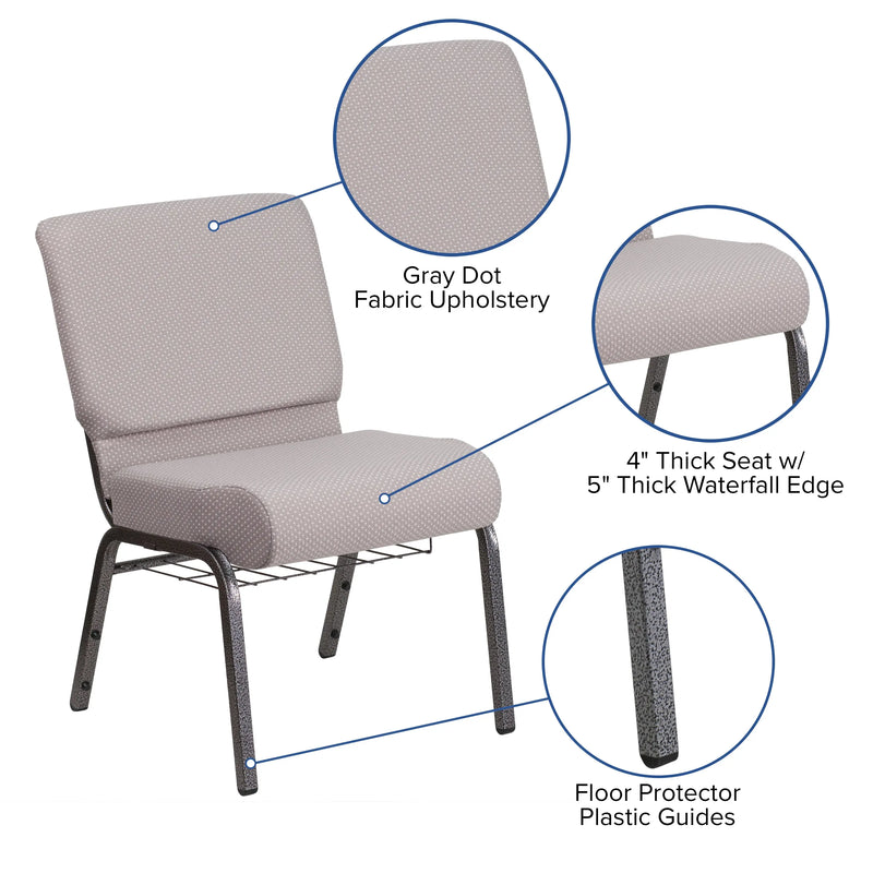 Murie 21''W Church Chair, Gray Dot Fabric w/Book Rack - Silver Vein Frame iHome Studio