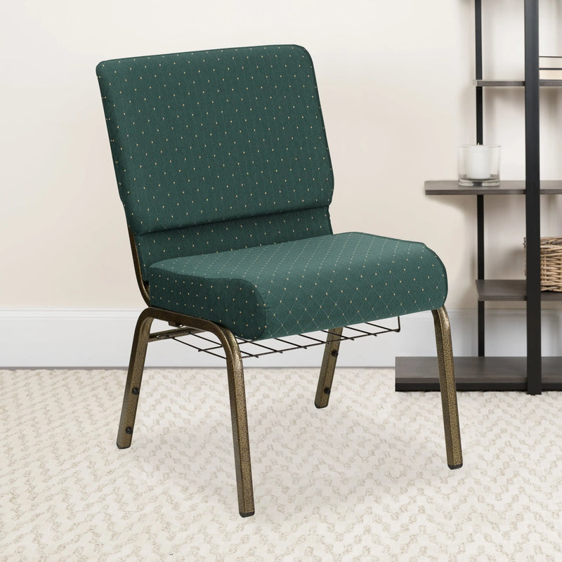 Murie 21''W Church Chair, Hunter Green Dot Patterned Fabric w/Book Rack - Gold Vein Frame iHome Studio