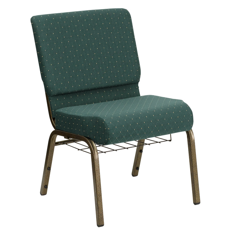 Murie 21''W Church Chair, Hunter Green Dot Patterned Fabric w/Book Rack - Gold Vein Frame iHome Studio