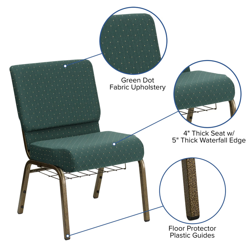 Murie 21''W Church Chair, Hunter Green Dot Patterned Fabric w/Book Rack - Gold Vein Frame iHome Studio