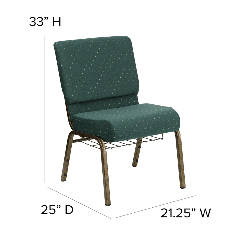 Murie 21''W Church Chair, Hunter Green Dot Patterned Fabric w/Book Rack - Gold Vein Frame iHome Studio