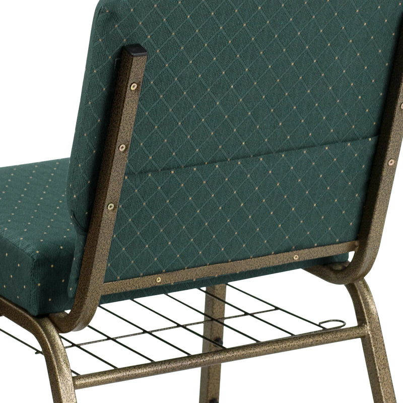 Murie 21''W Church Chair, Hunter Green Dot Patterned Fabric w/Book Rack - Gold Vein Frame iHome Studio