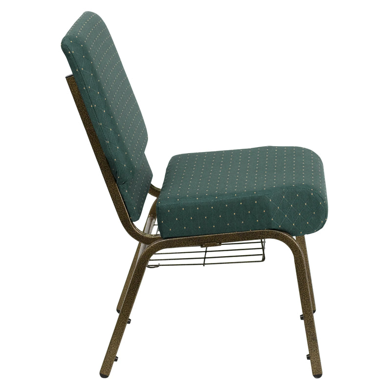 Murie 21''W Church Chair, Hunter Green Dot Patterned Fabric w/Book Rack - Gold Vein Frame iHome Studio